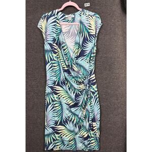 Tommy Bahama Dress Womens XL Blue Palm Print Short Sleeve Tropical Ruched V Neck